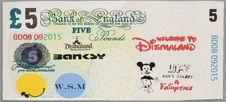 Banksy DISMAL 5 POUND serigrafia e stencil su tela, cm 9x18 timbro "Dismaland...