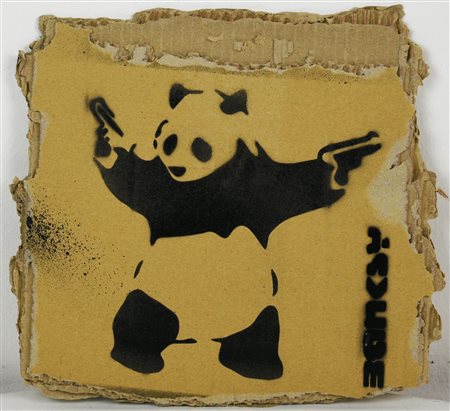 Banksy PANDA WITH GUNS sprayed stencil graffiti su cartone, cm 26x28 sul...