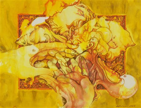 Romano Notari INCONTRO D'AMORE tempera e gouache su carta, cm 29,5x38,5 firma...