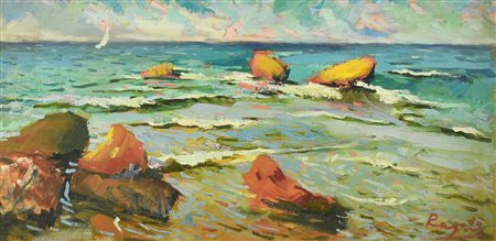 Ragni Basso MAGGIO AL MARE olio su tavola, cm 28x60 firma sul retro: firma,...