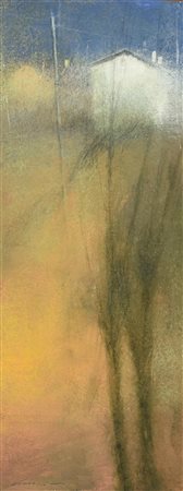 Renzo Crociara CASA BIANCA olio su tavola, cm 50x20 firma sul retro: timbro...