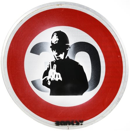 Da Banksy RUDE COPPER stencil print su cartello stradale, cm 47x47x3 firma in...