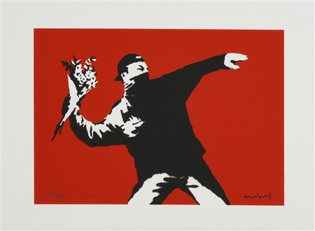 Da Banksy LOVE IS IN THE AIR (RED EDITION) eliografia su carta, cm 28,5x38;...