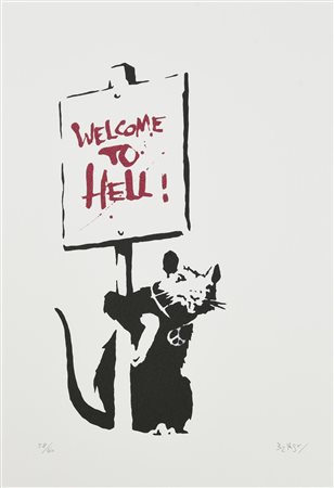 Da Banksy WELCOME TO HELL foto-litografia su carta, cm 50x35; es. 58/60 firma...