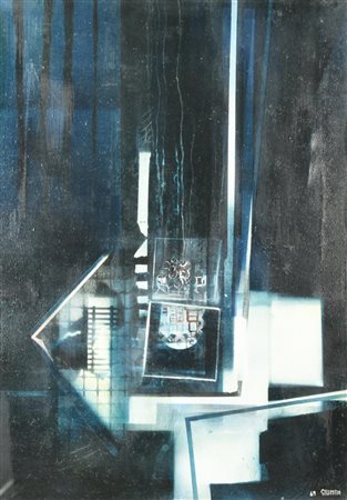 Giuliano Giuman COMPOSIZIONE IN BLU olio su tela, cm 70x50 firma e data sul...