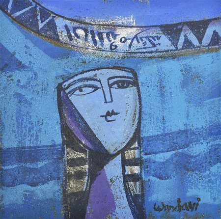 Mohamed Wandavi DONNA IN BLU tecnica mista su tela, cm 30x30 firma sul retro:...