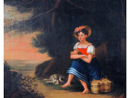 Anonimo XIX secolo Contadinella con cane Olio su tela Misure 34x42 cm