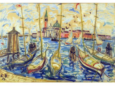 Carmen Oreffice (1931) Barche a San Giorgio Acquarello su carta Firmato...