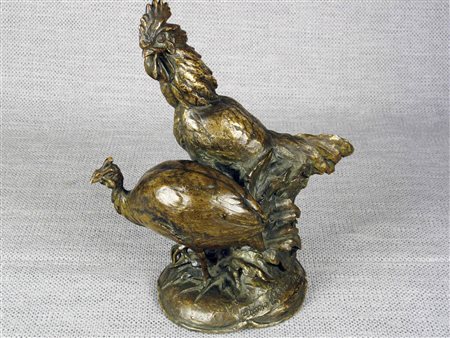 Firma illeggibile XIX secolo Gallo con pernice Gesso e lamina di bronzo...