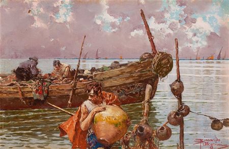 Riccardo Pellegrini "Pescatori in laguna" 
olio su compensato (cm 14,5x22,5)
Fir