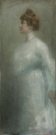 Angelo Landi (Attribuito) "Ritratto femminile" pastelli colorati su carta (cm 143x60)Tracce