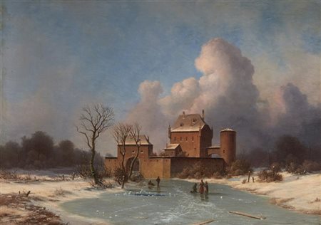 Georg Emil Libert "Paesaggio invernale con figure presso un castello" '50
olio s