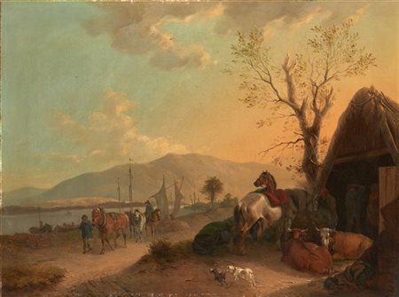 August Franz Schelver "Paesaggio fluviale con figure" 
olio su tela (cm 56x74)
F