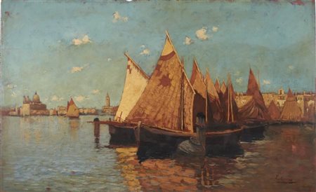 Luigi Cima "Barche a vela a Venezia" olio su tavola (cm 35x55)