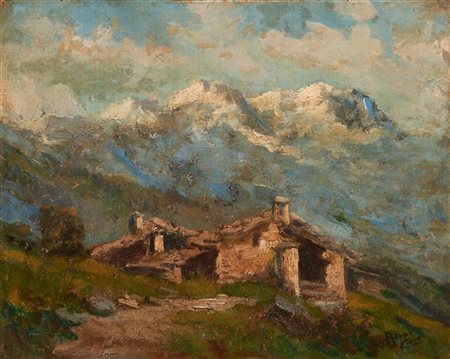 Beppe Ciardi "Paesaggio a Sappada" 1897 olio su compensato(cm 39,5x49)Firmato in b