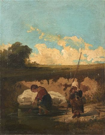 Domenico Induno "Sulla riva" olio su tela (cm 32x25)Firmato in basso a sinistr