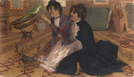 Aleardo Villa "Ragazze e pappagallo" 1883
olio su tela (cm 34,5x60)
Firmato e da