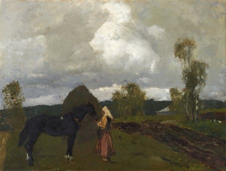 Alessio Issupoff "Lavoro nei campi" olio su tela (cm 75x100)Firmato in basso a