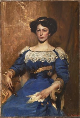 Cesare Tallone "Dama in blu" 
olio su tela (cm 126x85,5)
Firmato in basso a dest