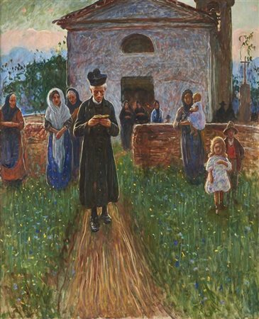 Angelo Dall'Oca Bianca "Il pastore e le sue pecorelle" 
olio su tela (cm 160x130