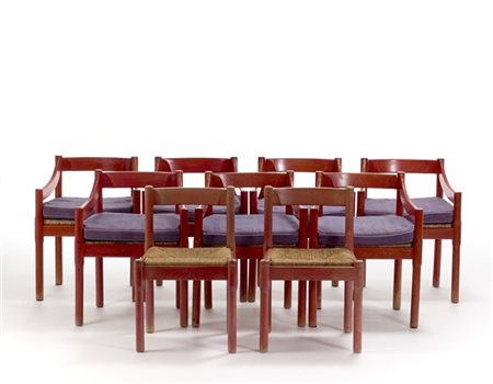 Vico Magistretti Lotto composto da due sedie e sette poltrone modello "Carimate"