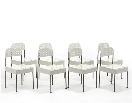 Enzo Mari Gruppo di otto sedie modello "Box". Produzione Anonima Castelli, Bolog