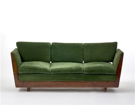 Divano-dormeuse da centro. Milano, anni '50. Legno di mogano massello. Profilo