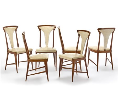 Palazzi dell'Arte Cantù Sei sedie. Cantù, anni '50. Struttura in legno di mogano