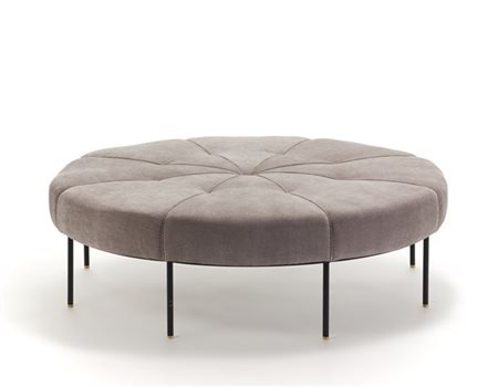 Divano da centro circolare imbottito e rivestito in velluto grigio, otto gambe