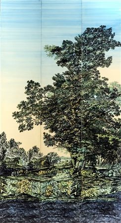 Piero Fornasetti Tre ante in legno decorate a stampa con paesaggio. Milano, anni