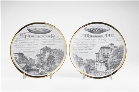 Piero Fornasetti Coppia di piatti della serie "Specialità milanesi". Milano, ann