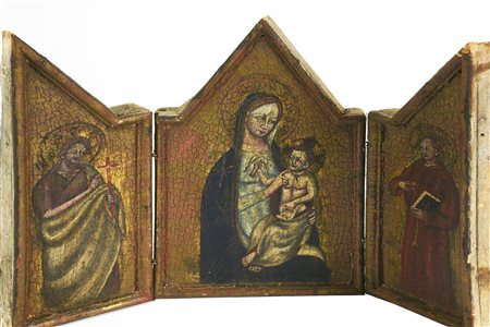 Scuola del XV secolo TRITTICO CON MADONNA CON BAMBINO, SAN GIOVANNI BATTISTA...