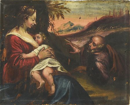 Scuola Italiana del XVI VERGINE CHE ALLATTA E SAN GIUSEPPE olio su tavola, cm...