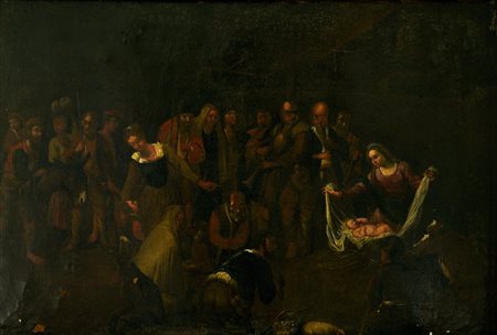 Scuola Italiana del XVIII secolo ADORAZIONE DEI PASTORI olio su tela, cm 54x79