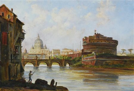 Jacob George Strutt VEDUTA DI CASTEL SANT'ANGELO olio su cartoncino, cm 14x20...