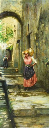 Vincenzo Caprile PORTATRICE D'ACQUA olio su tavola, cm 57,5x21,5 firma