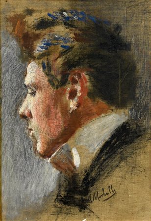 a firma Angelo Morbelli RITRATTO MASCHILE olio su tela, cm 28x19 firma 'A....