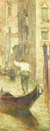 Giacomo Favretto GONDOLIERE olio su tavola, cm 49x19 firma sul retro:...