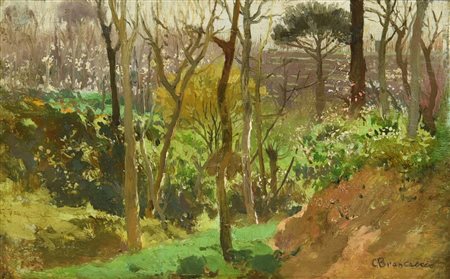 Carlo Brancaccio BOIS DE VINCENNES olio su tavola, cm 15x23 firma sul retro:...