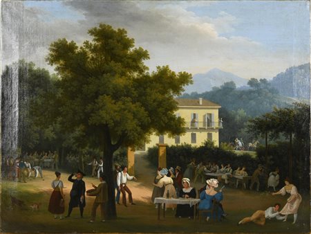 Scuola Francese del XIX secolo FESTA MONDANA olio su tela, cm 52x70