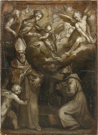 Scuola Italiana del XVI secolo ADORAZIONE MISTICA DI SAN FRANCESCO D'ASSISI...