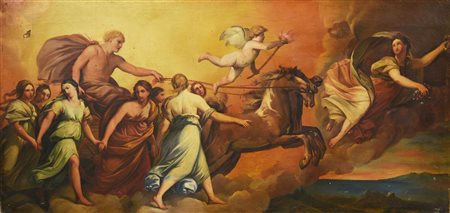 Scuola del XIX secolo CARRO DELL'AURORA olio su tela, cm 30x55 Danni sulla tela