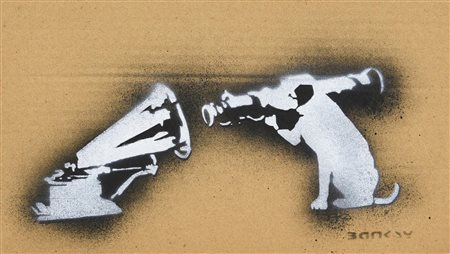 Banksy HMV DOG sprayed stencil graffiti su cartone, cm 17,5x30; es. 5/25 sul...