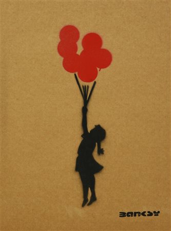 Banksy FLYING BALLOON GIRL sprayed stencil graffiti su cartone, cm 34,5x25,5...