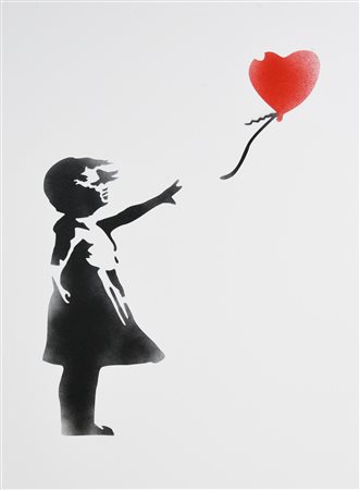 Banksy GIRL WITH A BALLOON spray stencil su tela, cm 70x50; es. 1/50 sul...