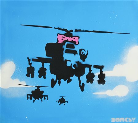 Banksy HAPPY CHOPPERS spray stencil su tela, cm 50x61; es. 6/10 sul retro:...