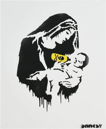 Banksy VIRGIN MARY spray stencil su tela, cm 46x38; es. 1/20 sul retro:...