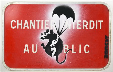 Da Banksy RAT PARACHUTE stencil print su cartello stradale, cm 32x53x3 firma...