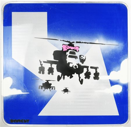 Da Banksy HAPPY CHOPPERS stencil print su cartello stradale, cm 72x72x3 firma...