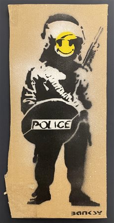 Banksy COPPER sprayed stencil graffiti su cartone, cm 30x14; es. 6/50 sul...